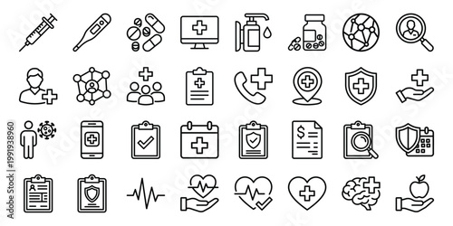 Medical and healthcare icons featuring a thermometer pills syringe stethoscope doctor symbols health icon patient