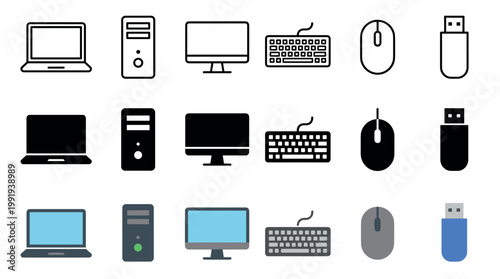 Computer devices and peripherals icons set in various styles, including laptops, desktops, monitors, keyboards, mice, and USB drives for technology concepts.
