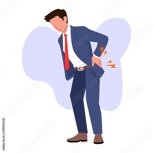 Businessman suffering lower back pain injury office worker flat vector illustration