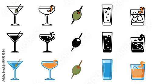 Cocktail drink icons vector collection featuring various alcoholic beverages and garnishes presented in outline, silhouette, and full color styles.
