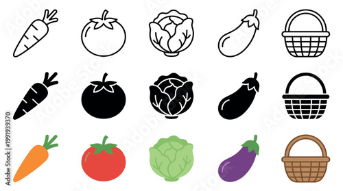 Vegetable and basket icons presented in various styles, including outline, solid silhouette, and flat color designs, suitable for graphic design and web applications.