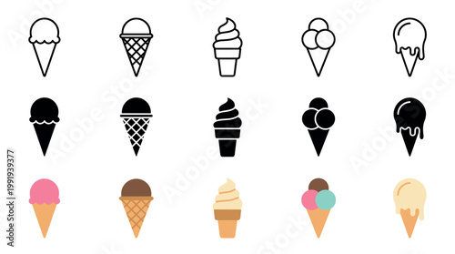 Ice cream icons set featuring various styles of frozen dessert treats in cones and cups, including outline, solid, and colorful designs for sweet summer concepts.