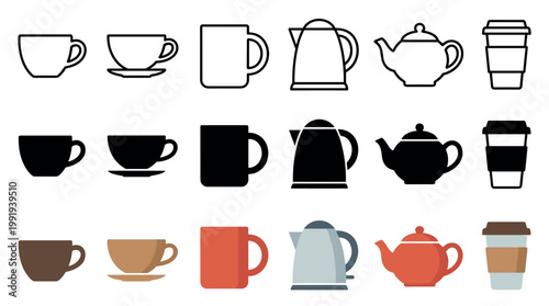 Coffee and tea beverage containers collection of various styles including outline, silhouette, and flat design icons for hot drinks and kitchenware.