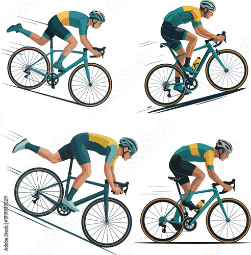 A Set of stylized illustration depicts a cyclist powerfully riding a road bike