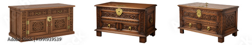 Antique Hand-Carved Wooden Treasure Chest Set; Vintage Dark Oak Storage Trunk with Ornamental Brass Locks and Intricate Patterns Isolated on White Background Mockup.