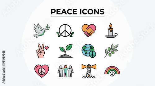 Vector graphic illustration of Peace icons set, colorful vector symbols, heart, dove, earth, love, harmony Vector