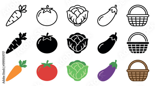 Various vegetable and basket icons in different styles including outline, solid, and colorful flat illustrations for healthy eating concepts.