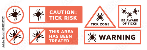 Tick danger signs. Different shapes warning stickers, being bitten by harmful insects risk labels, red frames, diseases carriers, safety signage, pesticide control, garish vector set
