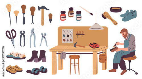 Shoemaker elements. Tools for working with leather, master desk, threads, awls, scissors, repair and handmade creation, craftsmanship service workshop, garish vector cartoon isolated set