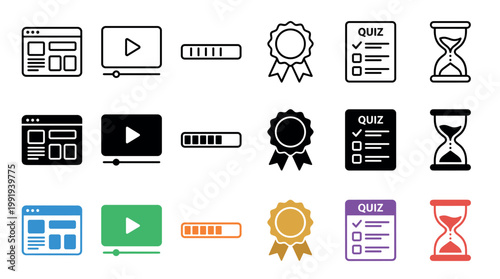E-learning online education course assessment progress icons are displayed in a clean, modern, and versatile vector style for digital content.
