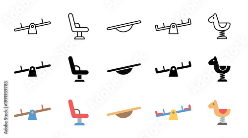 Playground equipment icons set featuring seesaws, rocking horses, and various other children's play area elements in different styles.