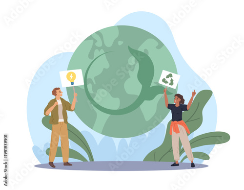 Protection of natural resources. Environmental activists, save planet volunteers on protest and demonstration, nature caring and renewable energy, vector cartoon isolated ecology concept