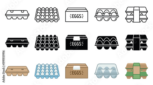 Egg cartons and packaging icons are depicted in a versatile vector set, ideal for illustrating food products, grocery shopping, and farm-fresh produce.
