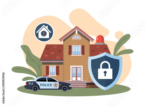 Protected house. Police car at entrance, mansion security, safe life, home security with alarm shield lock, emergency safety service, burglary crime detector vector cartoon isolated concept