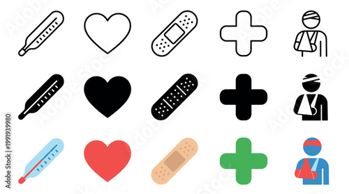 Medical icons and health symbols collection showcasing essential healthcare elements such as thermometers, hearts, bandages, crosses, and injured patients.