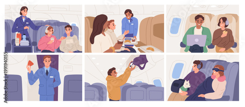 People on plane interior. Passengers in seats, flight attendant delivers food, safety briefing, hand luggage placement, commercial air travel, safety and comfort garish vector cartoon set