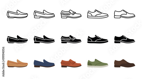 Collection of various men's footwear styles presented as outline icons, solid black silhouettes, and colorful flat illustrations for fashion and design.