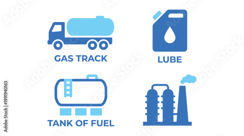 Vector graphic illustration of Fuel Industry Icons Set, Gas Truck, Lube Oil Can, Tank, Refinery, Vector Illustration Vector