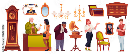 People in antique shop. Vintage store visitors, retro items buyers, collectors, second hand appraiser, garage sale people, man and woman buying Victorian furniture tidy vector cartoon set
