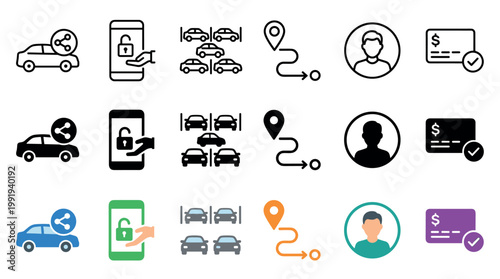 Modern mobility service icons illustrating car sharing, smartphone control, navigation, user profiles, and secure payment processes.