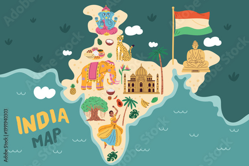 India travel map. Cartoon traditional country elements, travel and tourism, landmarks, attractions, culture learning, national identity, card and education poster design garish vector concept
