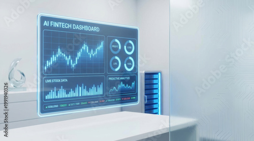 AI financial dashboard fintech analytics data visualization stock market chart trading graph predictive analysis profit loss digital interface futuristic office blue screen display