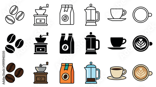 Coffee icons collection illustrating the journey of coffee from raw beans through grinding and brewing to a delicious cup, depicted in outline, solid, and colored styles.