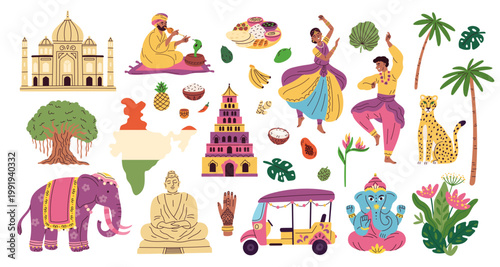 India traditional elements. Cultural symbols, national costumes, country statues and sights, animals, plants and cuisine, national heritage and travel garish vector cartoon isolated set