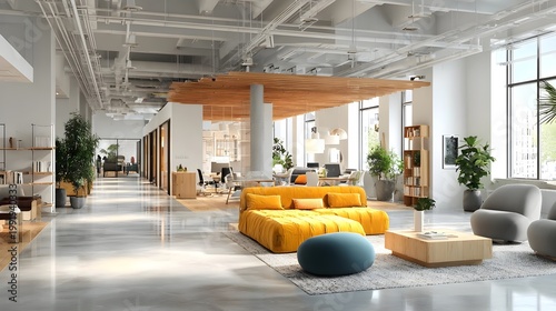 Modern Coworking Space Scene with Copy Space, Creative Workspace. Coworking, modern office, collaboration, flexible workspace, startup culture, shared office, teamwork, freelance environment, creative