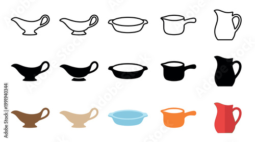 Kitchen serving vessels, including gravy boats, saucepans, and pitchers, are depicted in a collection of outline, silhouette, and colored icon styles.