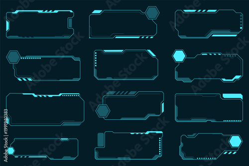 Futuristic sci fi frames. Glowing techno design borders, game assets, hud elements, hi tech templates, text boxes, interface panels, neon borders and hexagon elements, qualitative vector set