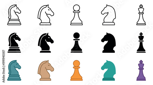 Chess pieces vector icons set featuring various styles of knights, pawns, and kings for strategic board games and intellectual challenges.