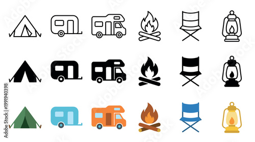 Camping icons set featuring essential outdoor adventure elements like tents, caravans, motorhomes, campfires, chairs, and lanterns in various styles.