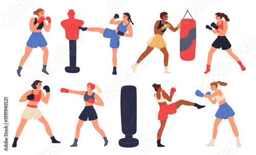 Female boxing. Professional athletes train, practicing strikes and protection, sports tops and shorts, girls fighters, combat sports fitness, gym workout, garish vector cartoon isolated set