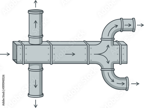 Vector illustration of an industrial air duct junction system with multiple pipe connections and directional airflow arrows, representing ventilation distribution.