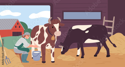 Farmer with cow. Woman in apron milks cow in barn, bull eats hay, cattle care, rural household, agricultural worker, dairy farm scene with livestock garish vector cartoon isolated concept