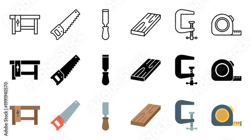 Various woodworking tools and equipment icons presented in a collection of outline, solid, and flat design styles for construction projects.