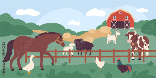 Farm animals composition. Cattle and poultry in yard, rural life, domestic animals on meadow, horse, sheep, cow and chickens, rural scene with barn, garish vector cartoon isolated concept
