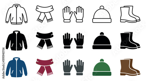 Winter clothing icons collection featuring a variety of essential apparel items like jackets, scarves, gloves, hats, and boots for cold weather protection and style.
