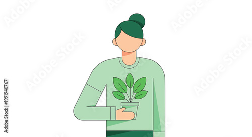 Minimalist illustration of a woman holding a potted plant, green and beige, eco friendly, sustainable living