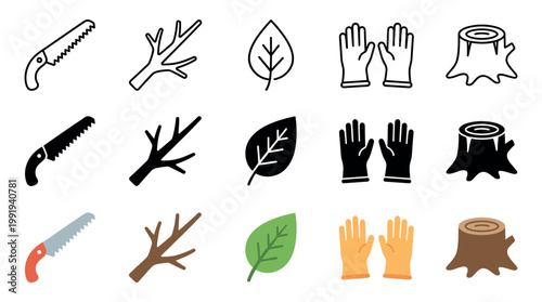 Tree pruning and gardening related icons in outline, solid, and color styles, useful for web design, apps, and educational materials.