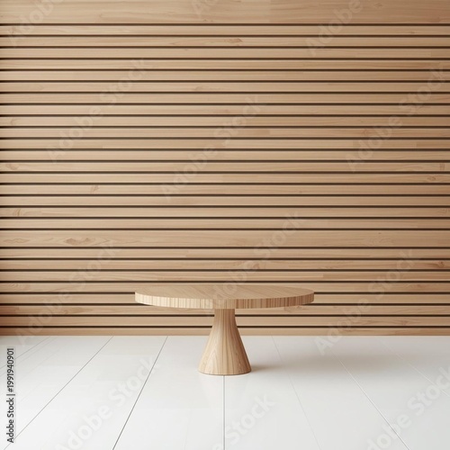 Minimalist Wooden Interior with Round Table and Slatted Wall Design