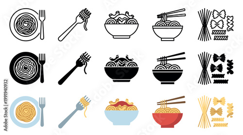 Pasta and noodles icon set featuring various Italian and Asian dishes, utensils, and dry shapes in outline, solid, and color styles.