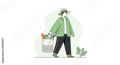 Eco friendly shopping, sustainable lifestyle, green consumer, cartoon farmer