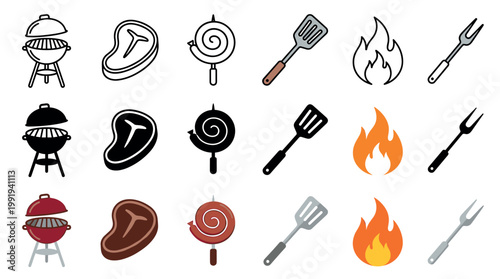 Barbecue grilling icons set with various styles including outline, solid, and flat design for outdoor cooking and summer picnic themes.