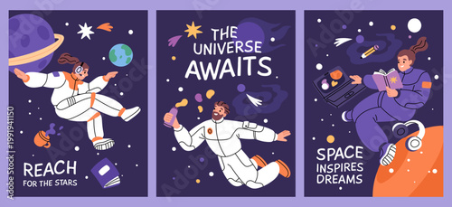 Astronauts in zero gravity cards. Space characters zero gravity, cosmos explorers in spacesuits, floating people, planets and stars, posters or print garish vector cartoon isolated set