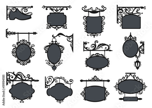 Antique wrought iron sign boards silhouette. Empty store labels with vintage decorative hanging elements, elegant ornaments and swirls, labels for business signboard, splendid vector set
