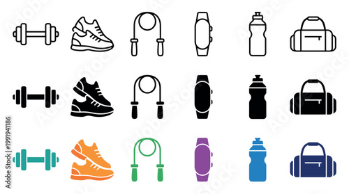 Fitness equipment icons collection featuring various gym accessories and workout gear in outline, solid, and colorful styles for health and exercise concepts.