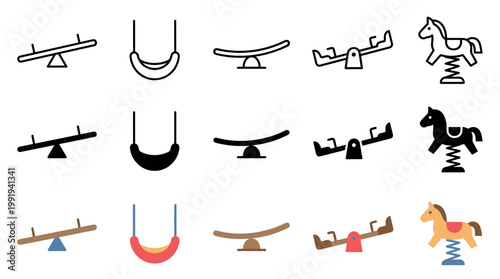 Playground equipment icons set featuring various outdoor play activities like seesaws, swings, and spring riders in outline, solid, and flat color styles.