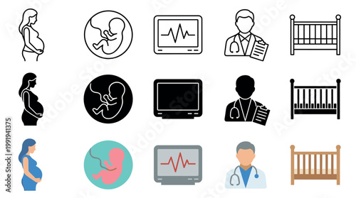 Pregnancy and maternity healthcare icons collection illustrating various stages and aspects of prenatal care, birth, and infant well-being with diverse visual styles.